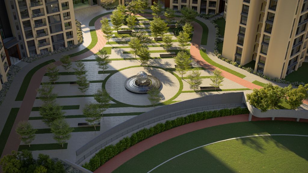 Plaza aerial render — Sobha OneWorld